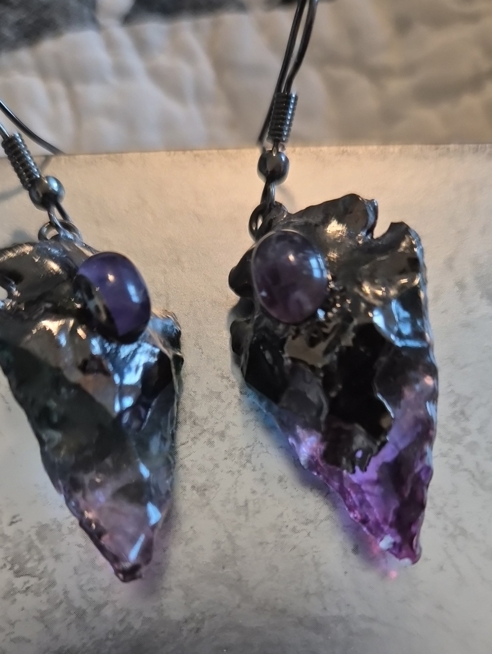 Amethyst-Tone Arrowhead Dangle Earrings with Cabochon Accent